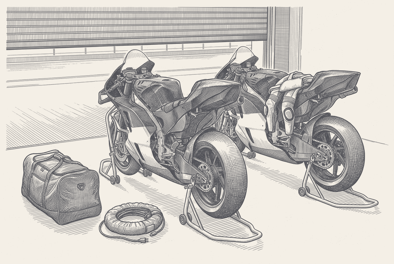 An empty MotoGP pit garage with two RS-GP26s on stands and a folded set of leathers across one seat, drawn in two-tone hatched technical illustration.