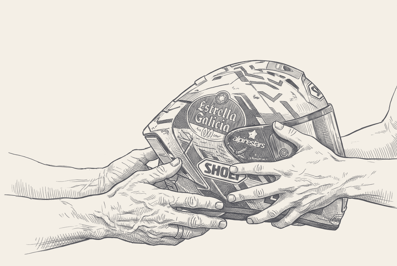 Two-tone hatched-ink illustration of two pairs of hands holding the same scuffed full-face racing helmet at the moment of a handover, the older pair supporting it from beneath while the younger pair grips the sides, cropped at the wrists on bare paper.