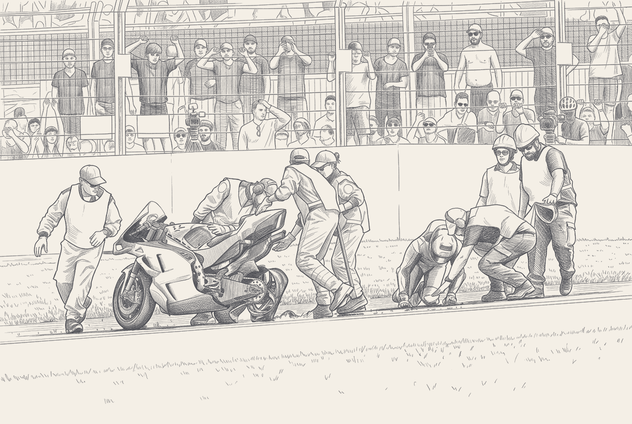 Two-tone hatched technical illustration: a top-down stylised diagram of the Jerez Turn 13 to pit-entry geometry, a dashed line showing Marquez's actual path versus the conventional pit-entry path, and a small inset of the FIM regulation's pit-entry timing-line marker.
