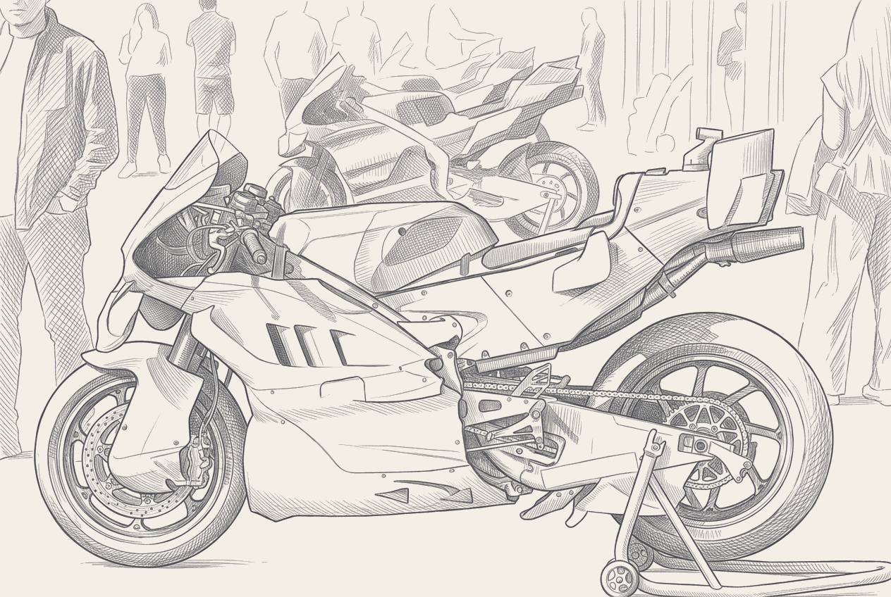 Two-tone hatched illustration of three MotoGP rider helmets in profile, labelled with championship points: Bezzecchi 142, Martin 127, Di Giannantonio. Inset of the Mugello circuit map annotated as the title-fight pivot.