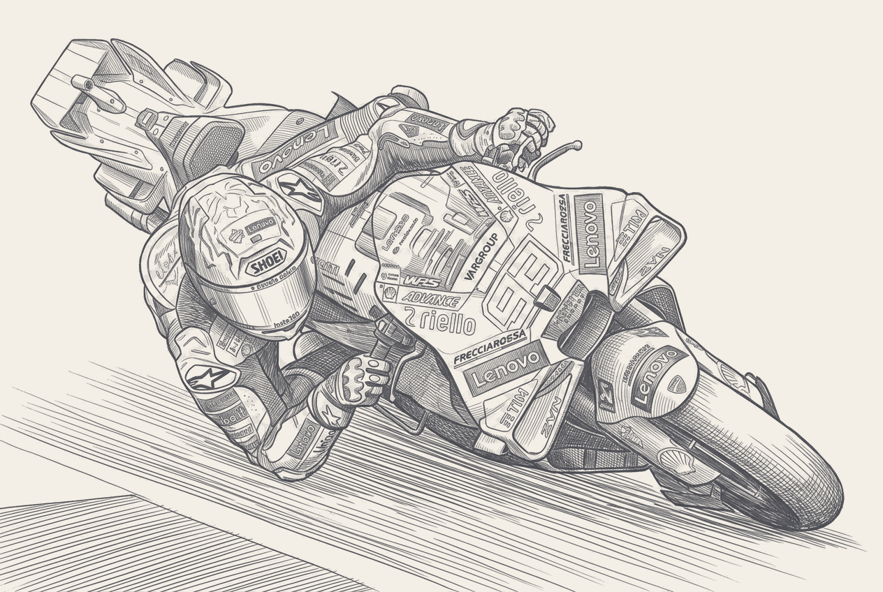 Two-tone hatched-ink illustration of Marc Marquez, number 93, cornering his Ducati Lenovo Desmosedici at Mugello, rider and machine rendered in fine cross-hatching against a pale paper background.