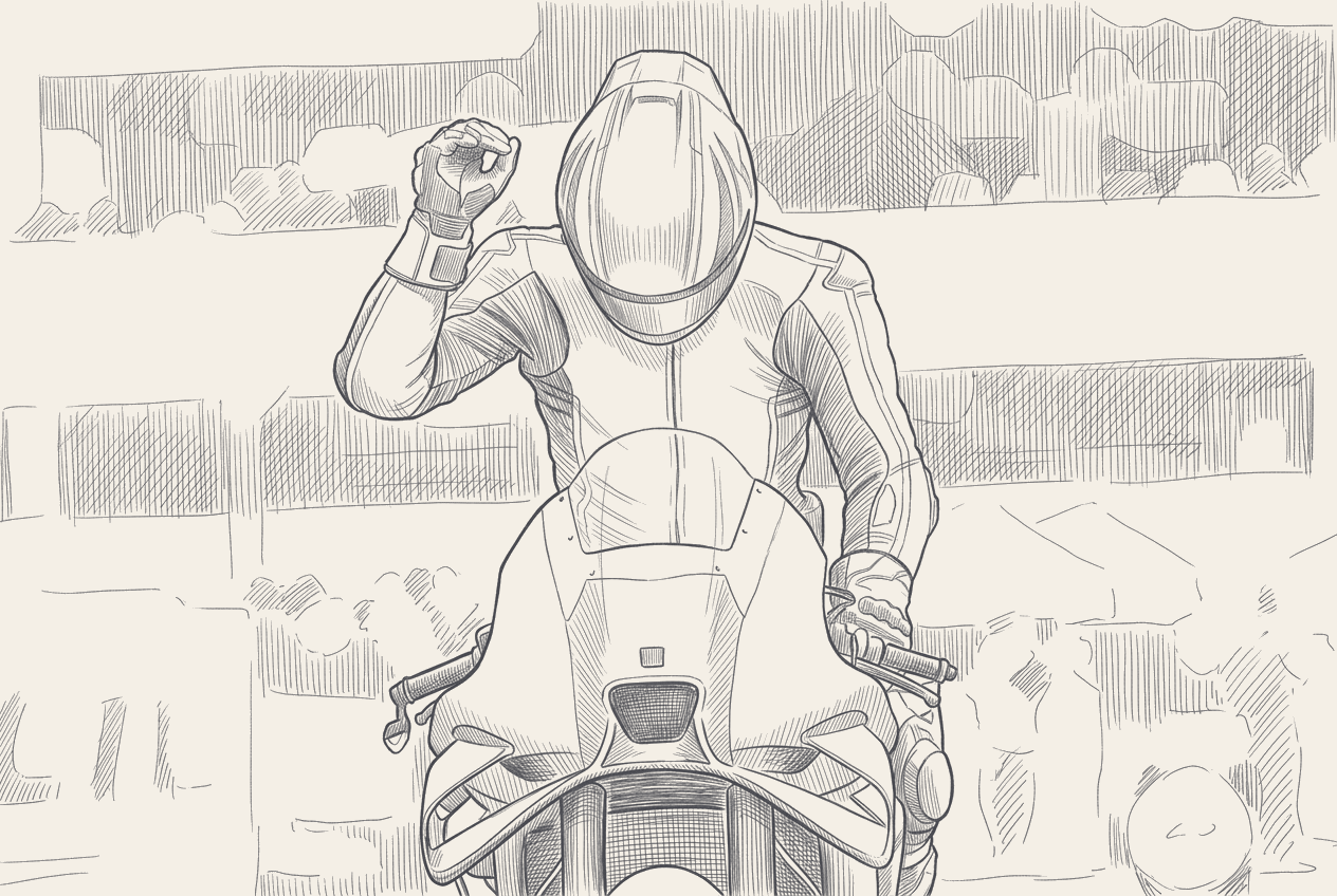 Two-tone hatched technical illustration in the Paddock Notes house style: ai ogura's le mans podium and the twelve-year arc of dorna's road to motogp