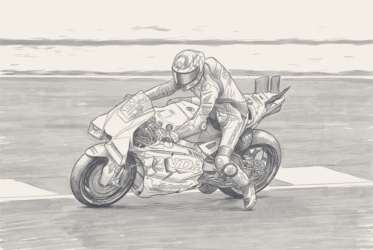 A two-tone hatched illustration of a factory MotoGP machine at the foot of a rising flight of steps, with spare engine cases, tyre stacks and wind-tunnel models arranged on the upper steps and fading toward the top to show development allowances falling away as the manufacturer climbs.