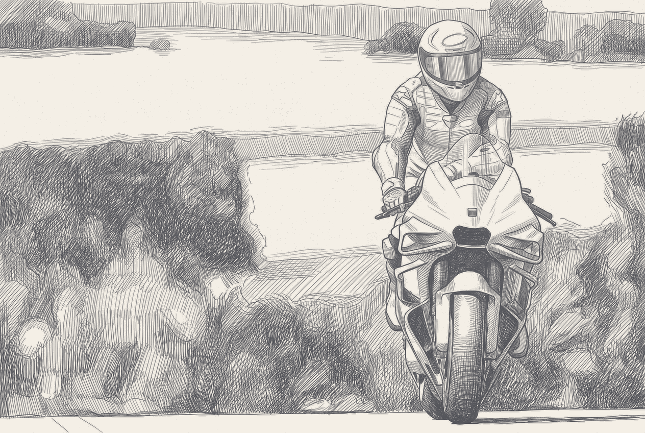 Two-tone hatched-ink illustration of a Moto3 bike and a larger Moto2 bike parked nose to tail in the same garage, one team awning stretched over both, a rider figure stepping from the smaller to the larger.