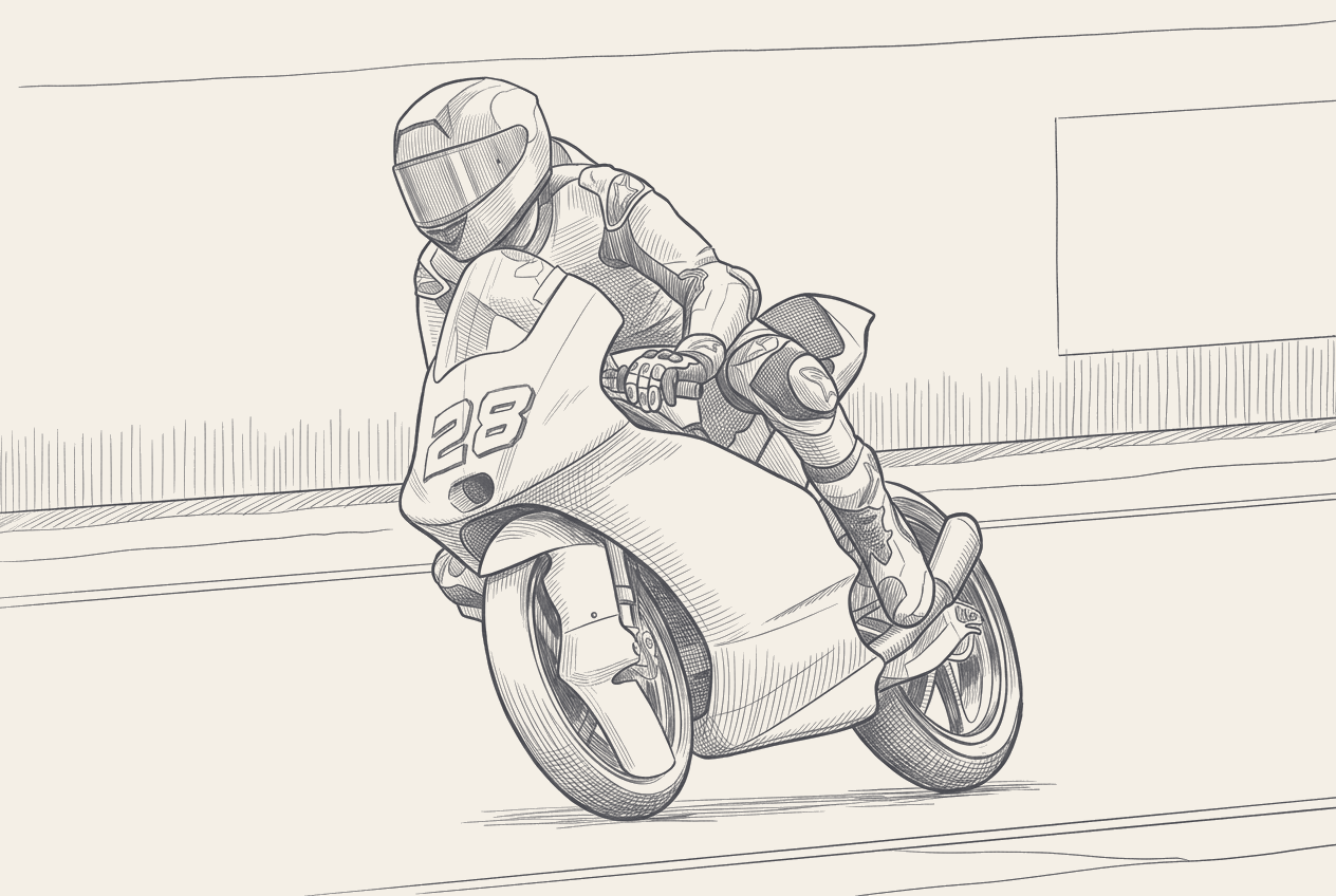 Two-tone hatched technical illustration of Maximo Quiles's CFMOTO Gaviota Aspar Moto3 bike in the pit garage at a 2026 round, side-on with team mechanics' workspace visible in the background.