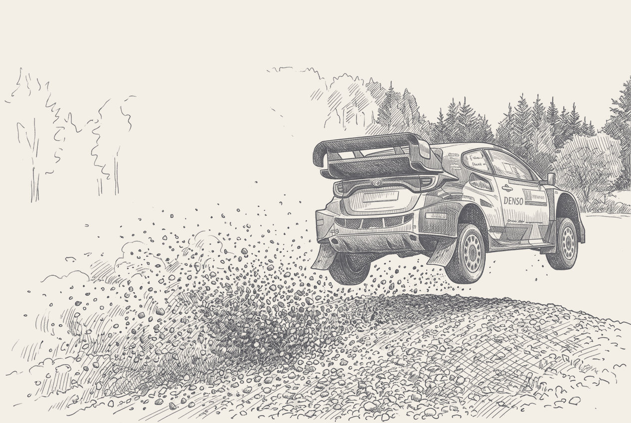 A two-tone hatched illustration of a Rally1 car on a fast Estonian gravel stage, the road surface drawn in two states, loose gravel ahead of the first car on the road and a swept clean line behind it, with a running order rendered as a stepped column at the edge.