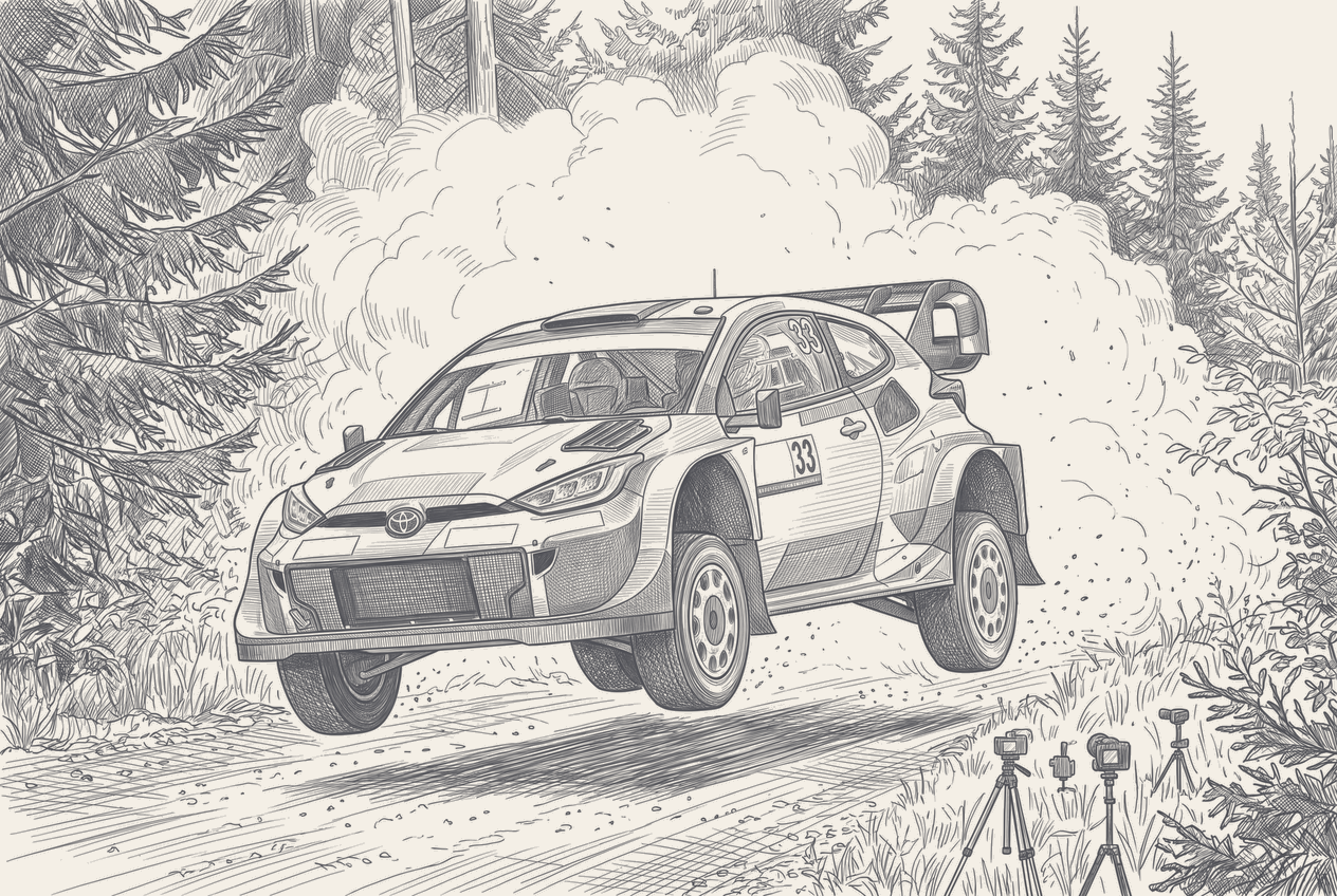 Two-tone hatched-ink illustration of a rally car crossing a gravel stop line where an older figure in period racing overalls reaches out a hand toward the young driver, a line of faint silhouettes of past winners receding into the pine forest behind them.