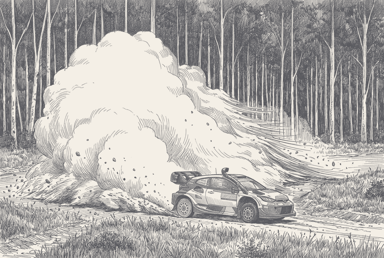 Two-tone hatched-ink illustration of a rally car on a rutted gravel road beneath a towering dust plume that boils up and trails back across a wall of tall pale forest trunks, clods flung clear of it as dark flecks, rough grass across the foreground, and a raised air intake snorkel clamped over the car's roofline.