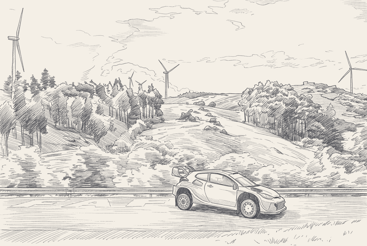 Two-tone hatched technical illustration in the Paddock Notes house style: ogier loses rally portugal on a rock and the hyundai-toyota arithmetic resets
