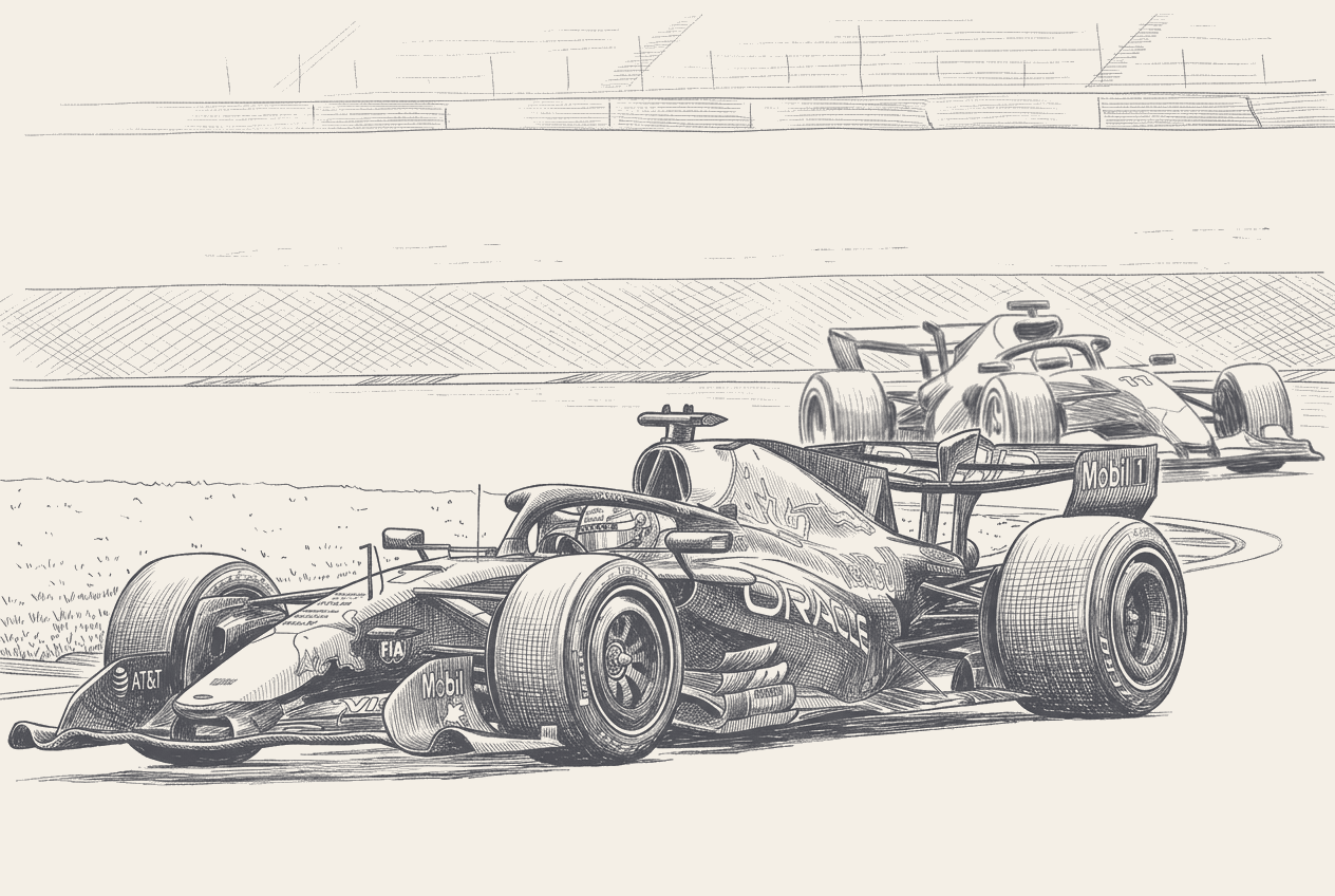Diptych illustration in muted racing green: a faded silhouette of Fisichella's Jordan-Ford EJ13 at wet Interlagos 2003 on the left; the 2026 RB22 with a small Ford branding strip on the engine cover at Montreal on the right; both anchored by a Ford-shaped negative space connecting the two eras.