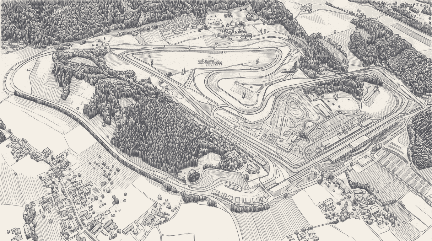 Two-tone hatched-ink illustration traced from a photograph of the Red Bull Ring hillside at Spielberg, or a 2026 Formula 1 power unit, liveries and logos stripped.