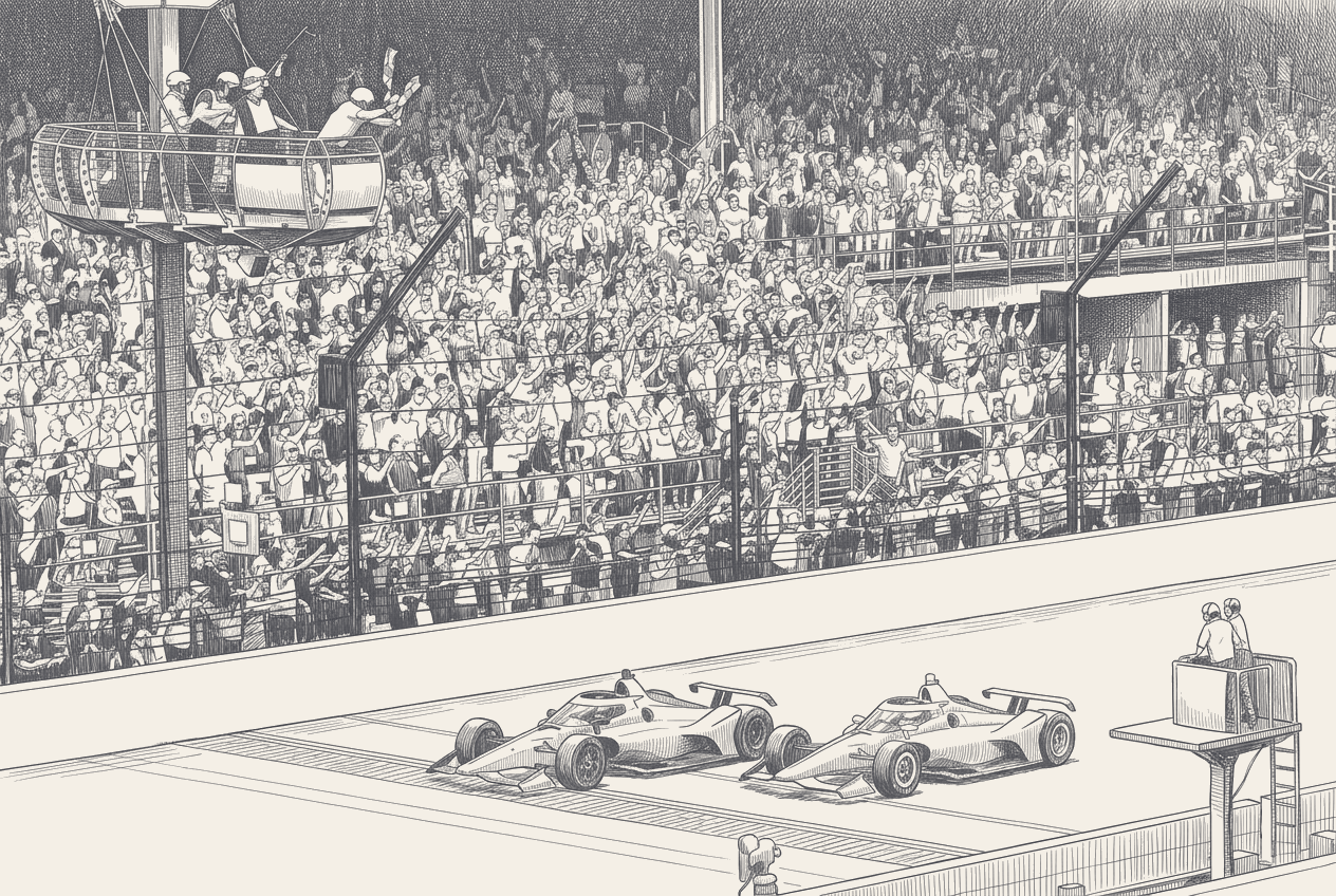Split-frame illustration in muted racing green: a Monaco harbour silhouette with a Formula E Gen3 Evo on the left, an Indianapolis Motor Speedway pagoda silhouette on the right at sunset, and an Indy-spec single-seater at the centre crossing a hairline-margin finish line.