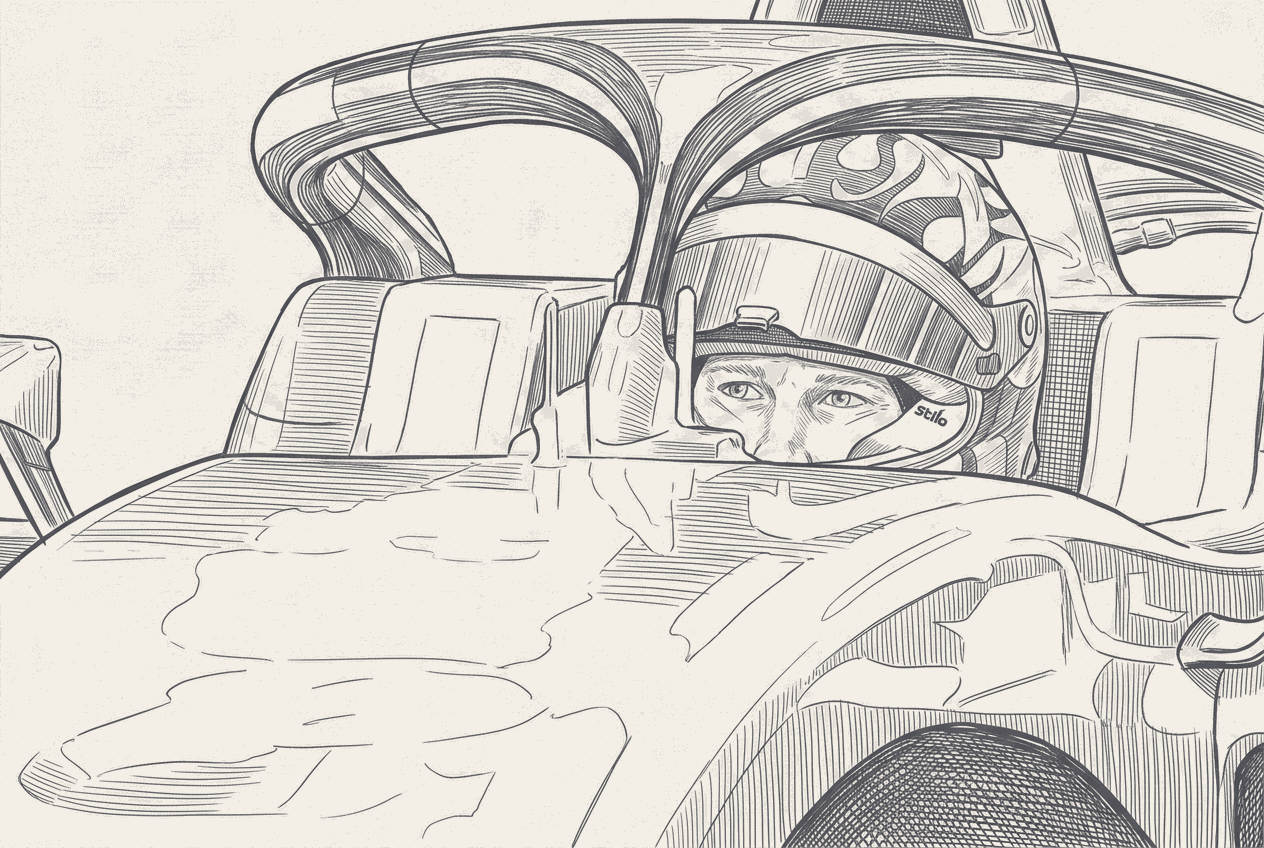 Two-tone hatched-ink portrait of a racing driver holding a helmet, liveries, sponsor logos and badges stripped.