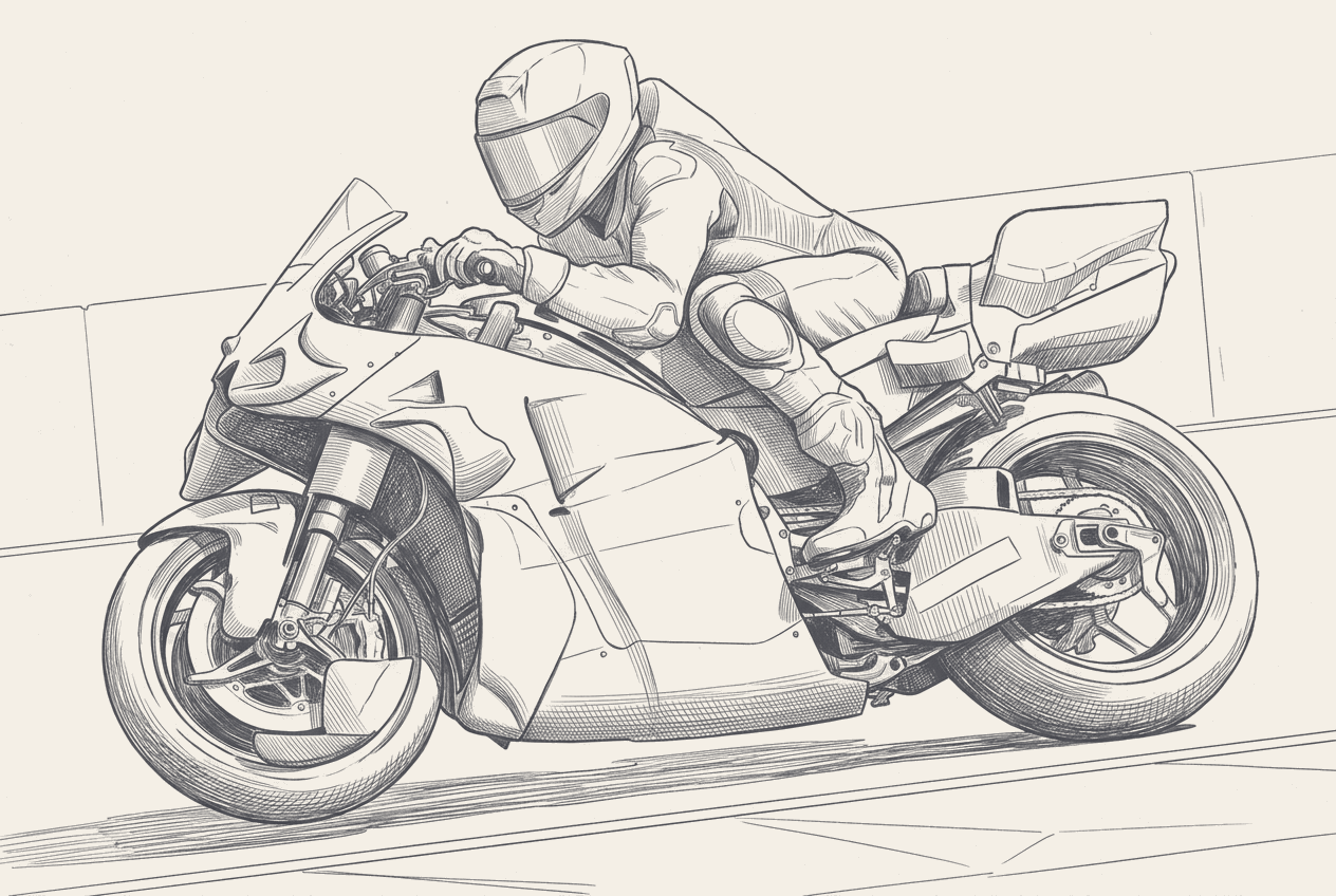 Two-tone hatched-ink illustration traced from a photograph of a MotoGP Ducati front brake assembly and caliper, sponsor marks and text stripped blank.