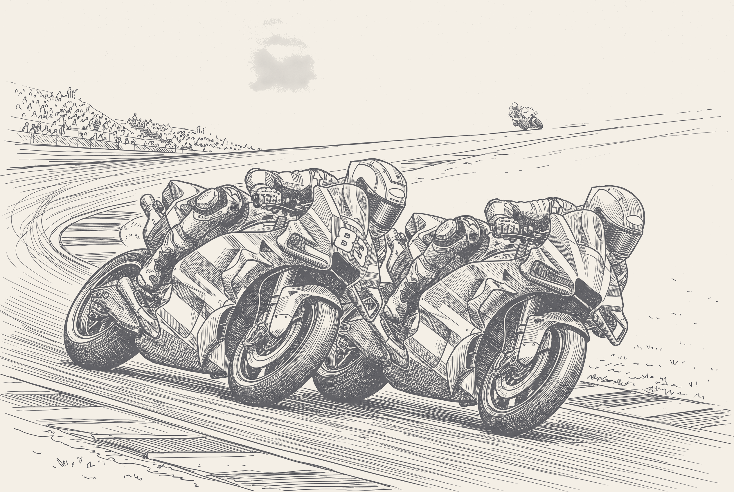 Marc Marquez leads a Ducati GP26 through the downhill left of the Sachsenring's Turn 11, two Trackhouse Aprilia RS-GP26s in formation behind, drawn in two-tone hatched technical illustration.
