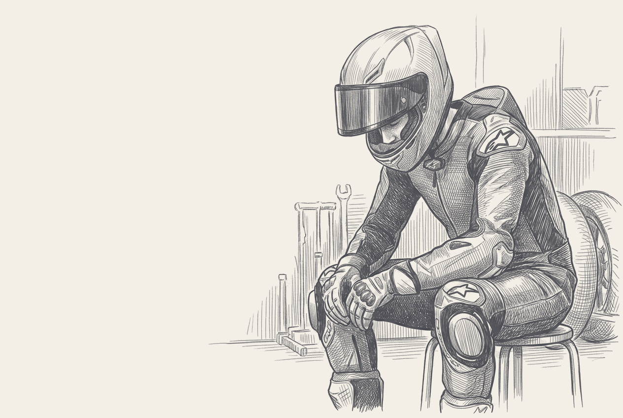 Two-tone hatched-ink illustration traced from a photograph of a MotoGP rider seated on his bike in the pit box, helmet in hand, leathers and sponsor marks stripped blank.