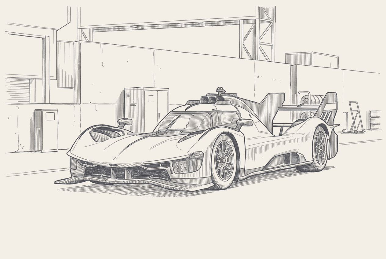 Three Hypercars in close formation through Interlagos' Ferradura left-hander, a BMW M Hybrid V8 leading a Ferrari 499P and a Cadillac, drawn in two-tone hatched technical illustration.