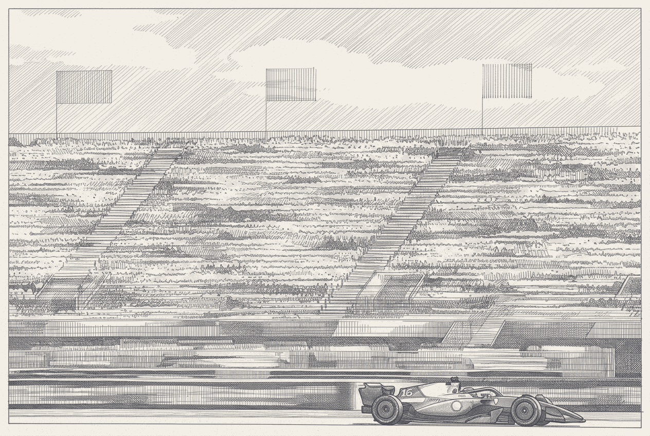 Two-tone hatched-ink illustration traced from a photograph of Charles Leclerc's Ferrari SF-26 at speed through a fast Silverstone corner, liveries and sponsor logos stripped.