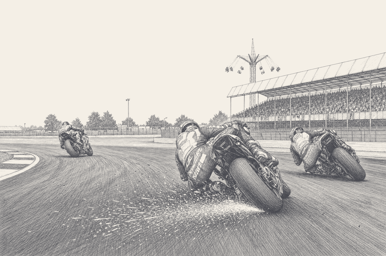 A two-tone hatched illustration of a lone MotoGP machine leading into Silverstone's Maggotts sequence, three tenths of clear track behind it, with two more identical bikes strung out in the distance to show a single marque holding all three podium positions.
