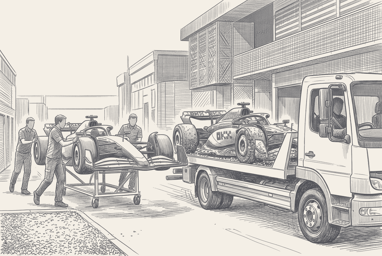 A two-tone hatched technical illustration of the run from Eau Rouge up the Kemmel Straight to Les Combes, drawn in elevation, with a leading car committed to the inside line at the braking point and a second car stranded in the gravel trap at the same corner in the background.