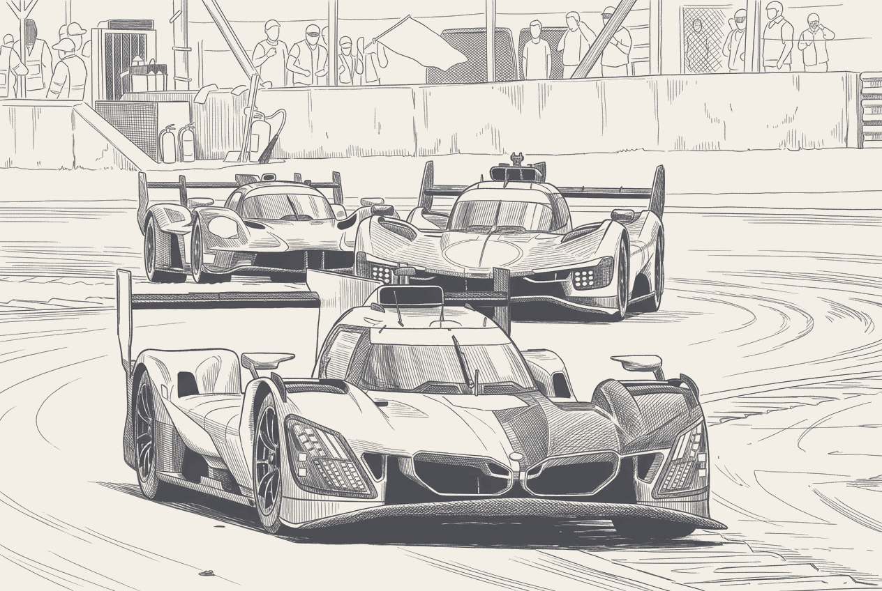Two-tone hatched technical illustration in the Paddock Notes house style: bmw's spa one-two from grid slots 10 and 11 and the question toyota now carries to le mans