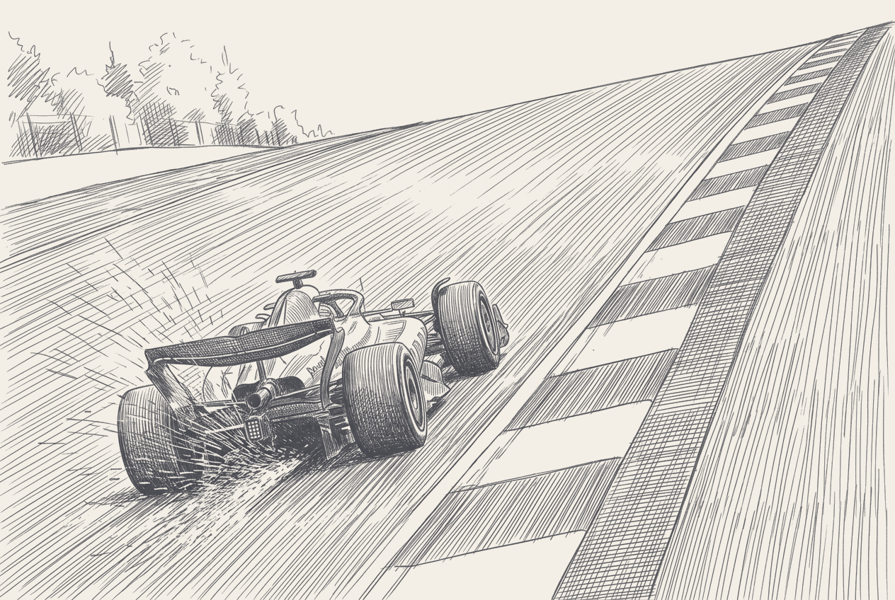A cutaway technical illustration of the Spa-Francorchamps sequence from La Source down to Les Combes, drawn as a two-tone hatched elevation, with five straight-mode zones marked as open-wing segments and the Eau Rouge and Raidillon compression drawn closed.