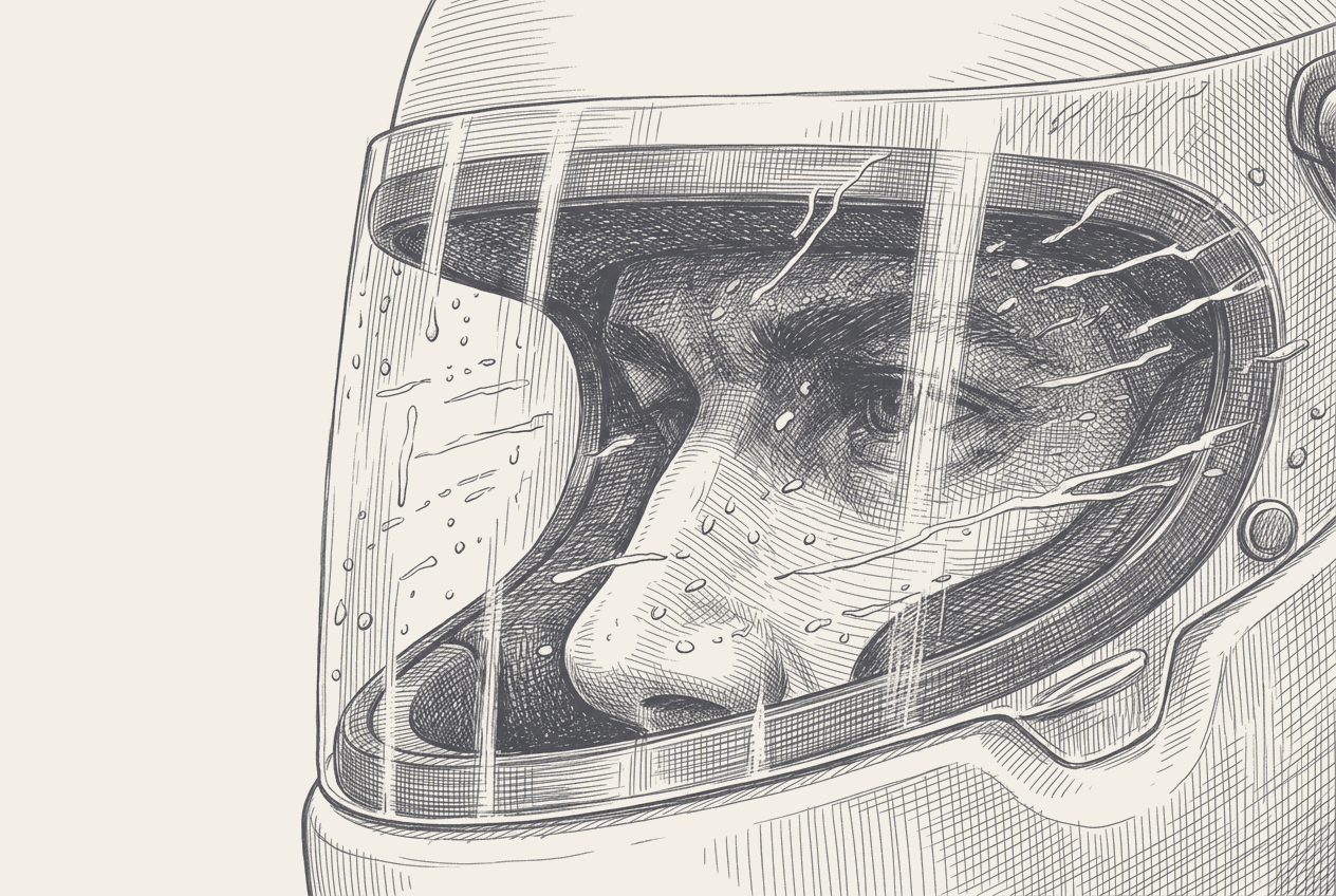 Two-tone hatched-ink illustration, close on a driver's face behind a race helmet visor, beads and streaks of sweat flung sideways across the inside of the visor by cornering G-force; the helmet blank and unmarked.