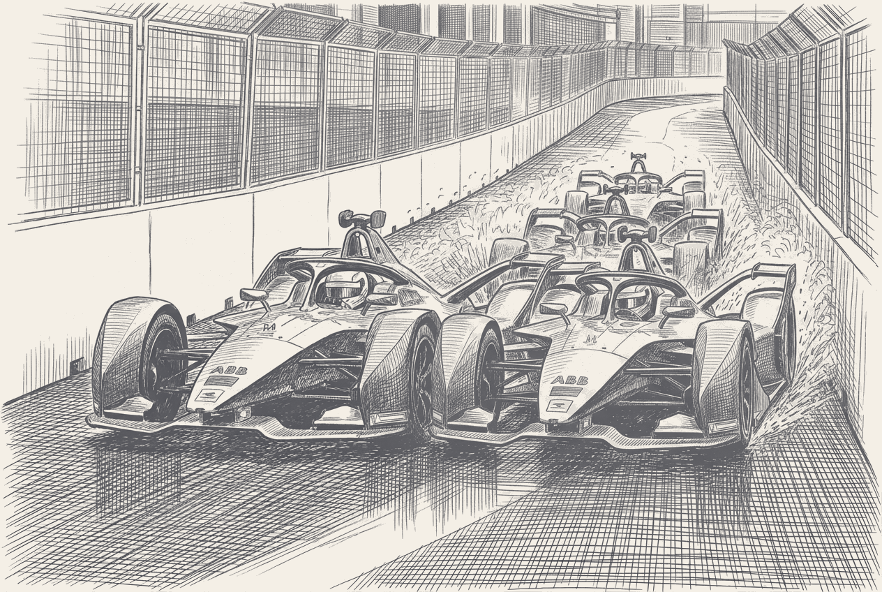 A two-tone hatched technical illustration of two electric single-seater race cars running side by side on a damp street circuit between concrete barriers and catch fencing, the rest of the field stacked nose-to-tail in a compressed column receding behind them.