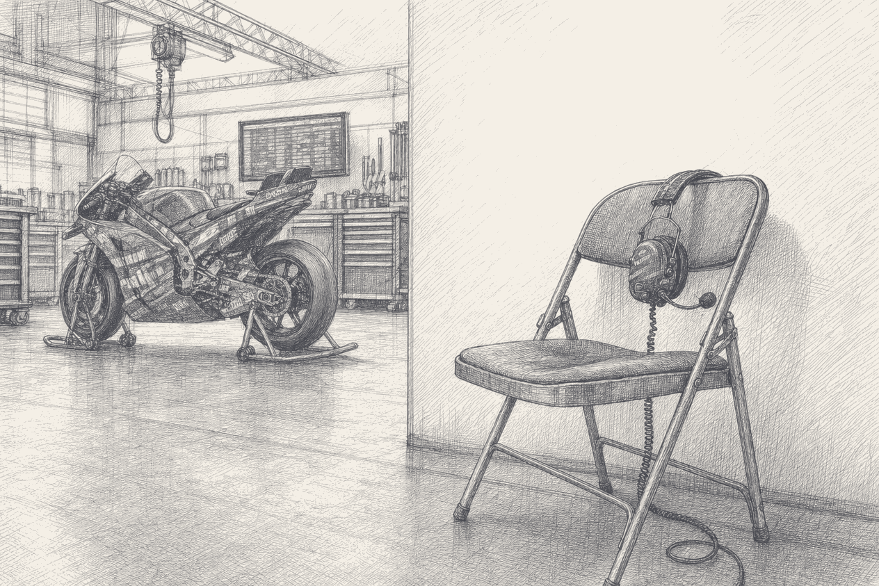 A two-tone hatched illustration of a satellite MotoGP machine anchored to the ground by a length of heavy chain marked with two calendar rings, while a second, riderless bike and an empty pit stool recede into the background to show the teammate and manager departing.