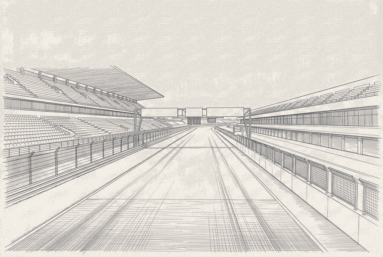 Two-tone hatched-ink illustration of an empty main straight seen head-on from the pit exit, grandstands rising bare on both sides and the start line running away into the distance under a flat daylight sky, no cars and no people anywhere in the frame.