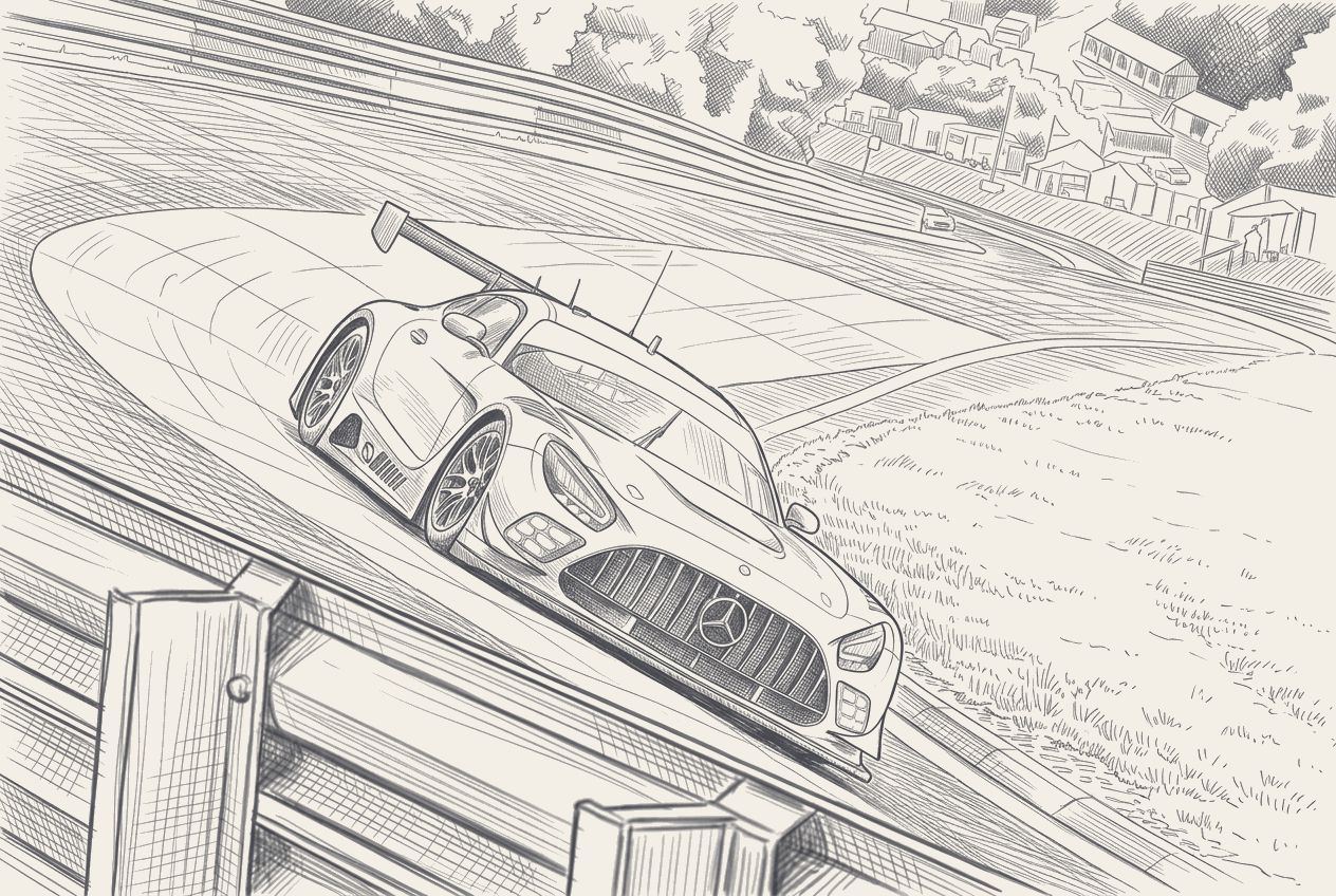 Two-tone hatched technical illustration of a Mercedes-AMG GT3 in the Nurburgring paddock in Eifel morning light, three-quarter view with the Nordschleife treeline behind it.