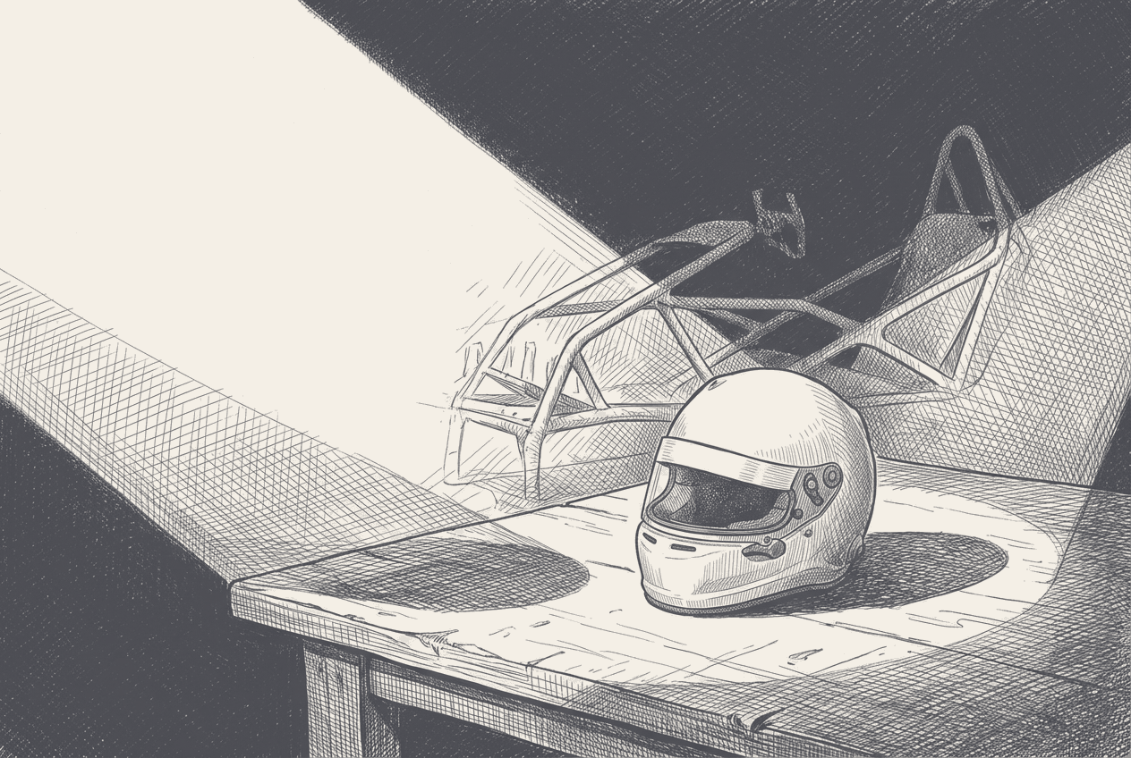 A two-tone hatched illustration of a single Formula 4 helmet on a workshop bench lit by two converging spotlights from opposite sides, with a driving simulator rig sketched faintly in the background.