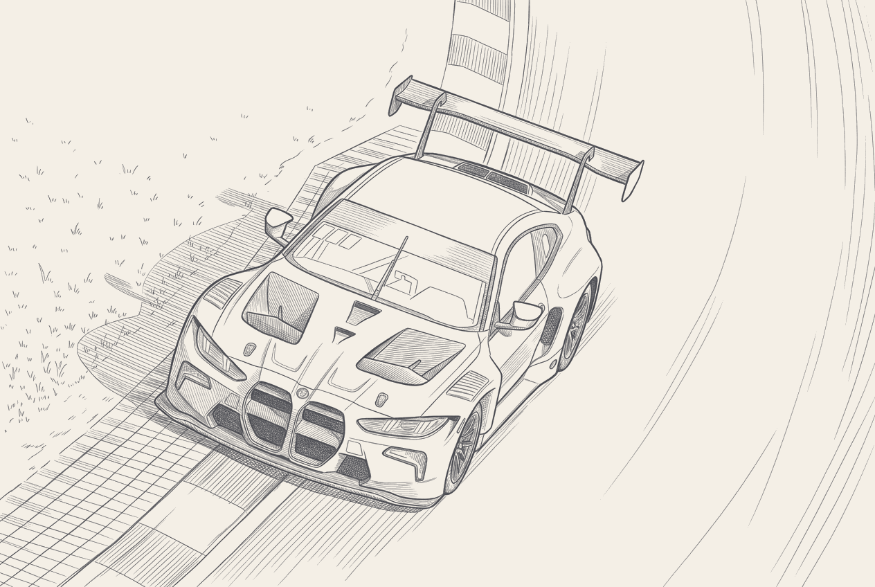 Two-tone hatched technical illustration: a stylised driver-development ladder with rungs labelled 'sim cockpit, GT seat, prototype, F2/F1', annotated with two named arrows (Lulham 2025, Baldwin 2026) crossing the bottom-to-middle rungs.