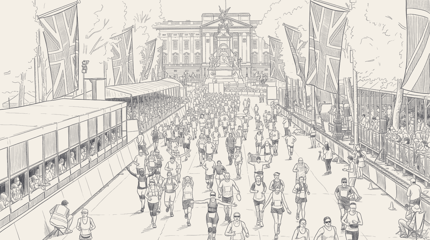 Two-tone hatched technical illustration: a London Marathon route map with Tower Bridge and the Mall labeled, a small stopwatch face in the corner annotated 2:59:08.