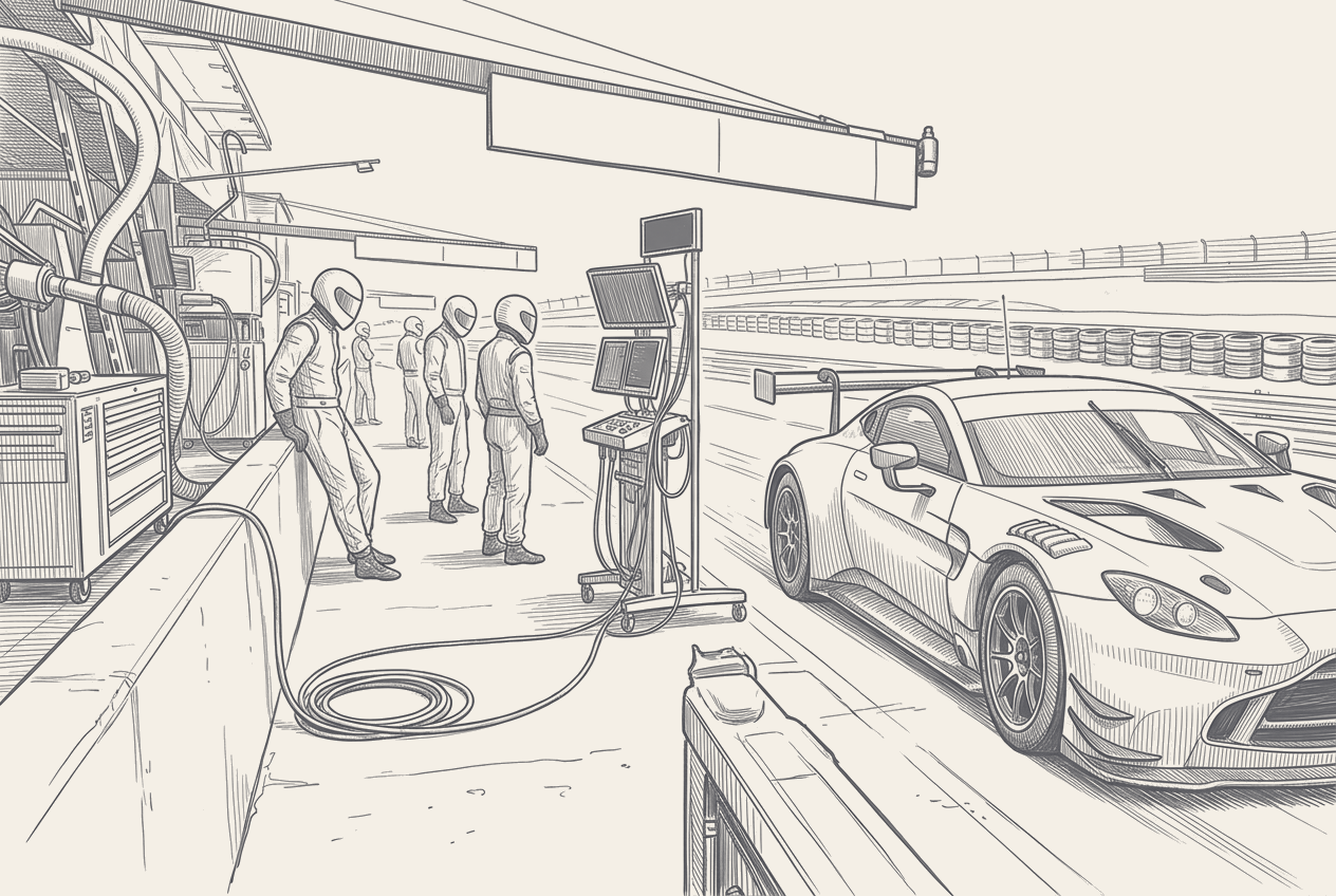 A two-tone hatched illustration of a GT3 car passing its own pit box at pit-lane speed, the crew standing back from the wall with their hands down and an air hose still coiled on the ground.