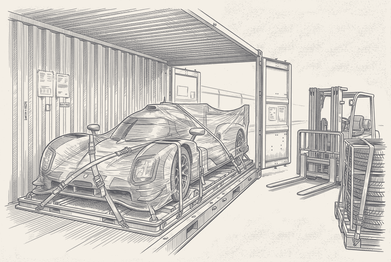 Two-tone hatched-ink illustration of a championship points bar being trimmed shorter by a pair of calendar shears, two desert floodlight pylons crossed out on the left and two European circuit outlines pencilled in on the right.