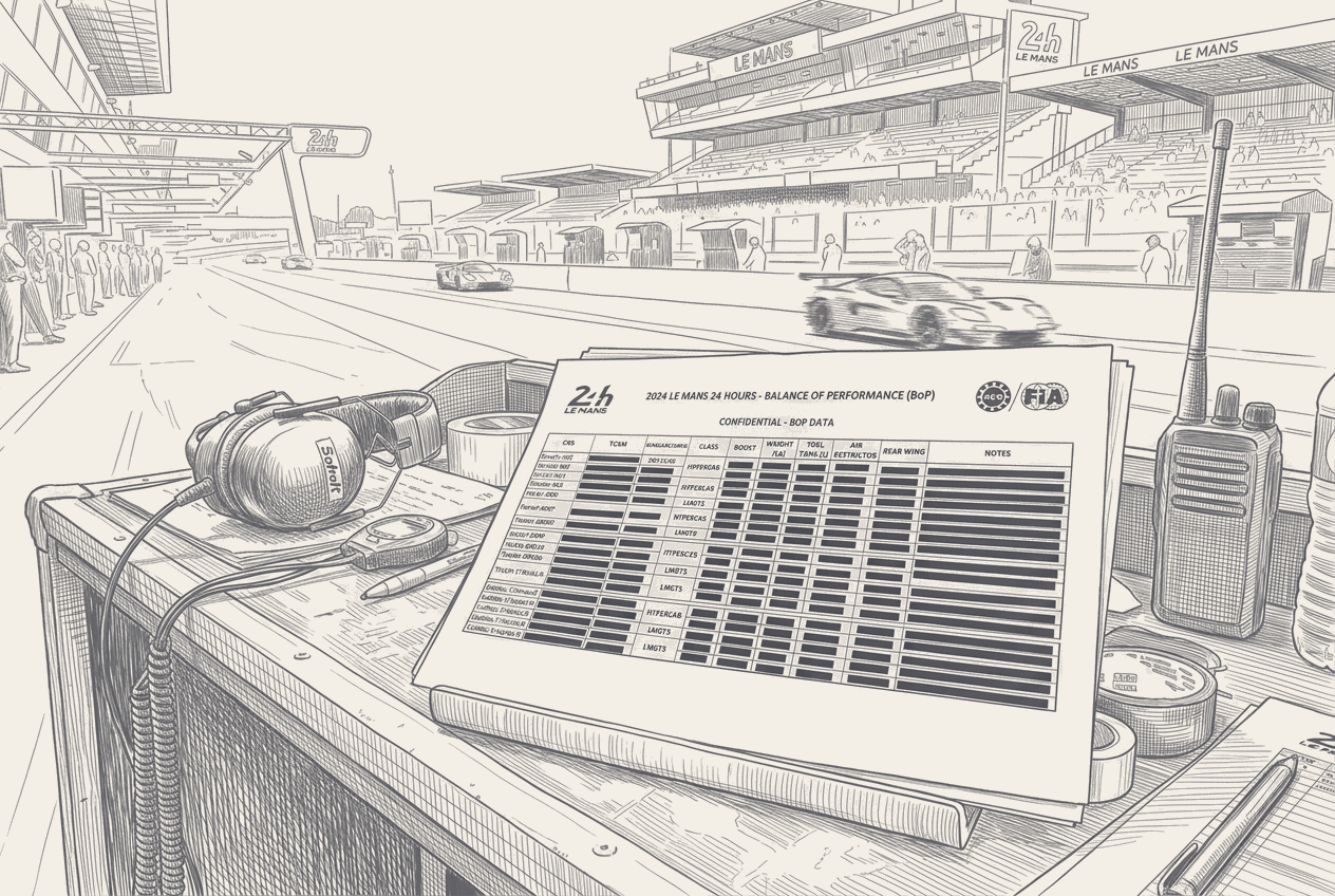A printed Balance of Performance table with every figure blacked out by redaction bars, lying on a pit-wall timing desk at Le Mans at dusk, three blurred Hypercars passing on track in the background.