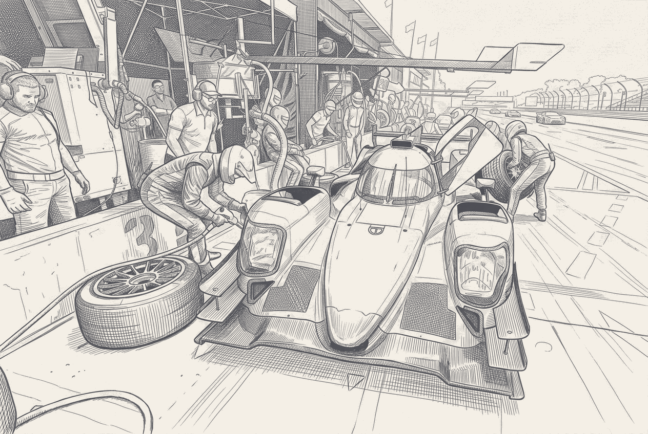 Two-tone hatched-ink illustration of two sportscar prototypes on separate tracks facing opposite directions, liveries and logos stripped, suggesting a scheduling split.