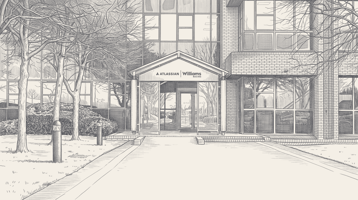 Two-tone hatched technical illustration of the Atlassian Williams factory exterior at Grove, Oxfordshire, wide-angle view with the team's branded entrance signage rendered as blank panels.