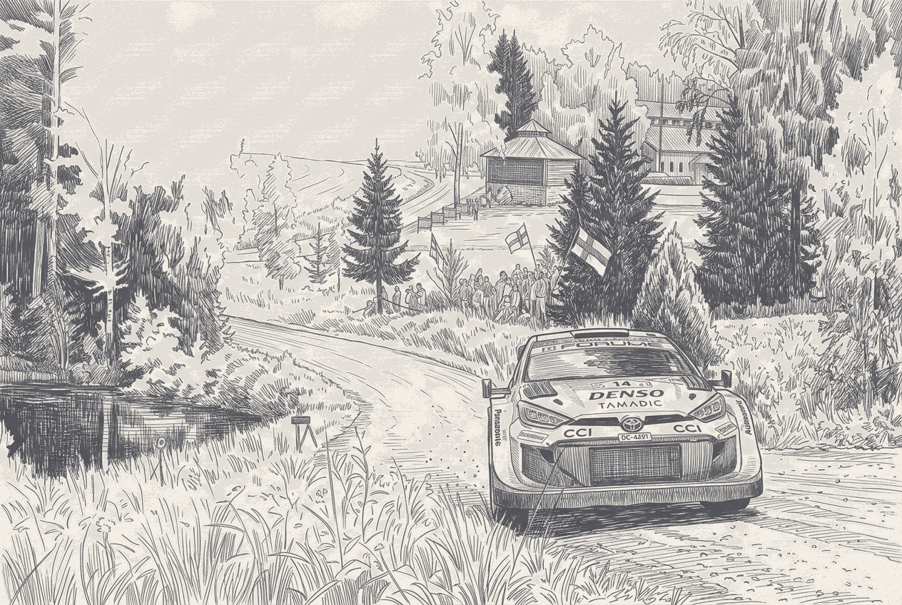 Two-tone hatched-ink illustration of a rally car at speed on a narrow gravel forest stage, sponsor lettering across its bonnet and doors, spectators gathered on a bank beside a wooden cabin with flags raised, dense pine and birch closing in on both sides and still water at the left edge.