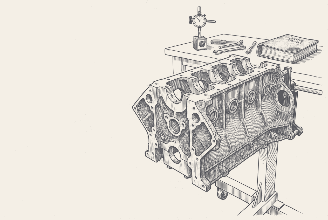Two-tone hatched-ink illustration of a raw cast engine block standing on a rotating workshop stand in a small race shop, cast texture across its flanks and bright machined faces on the deck and bearing saddles, a dial gauge on a magnetic base and hand tools on the bench behind it beside a closed parts catalogue.