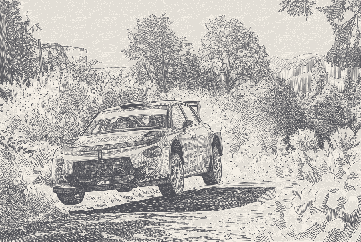 Two-tone hatched-ink illustration of a rally car airborne over the crest of a gravel forest stage, gravel spraying from the rear wheels, a wordmark on the bonnet lip and sponsor lettering along the doors and front bumper, trees hatched dark on both sides.