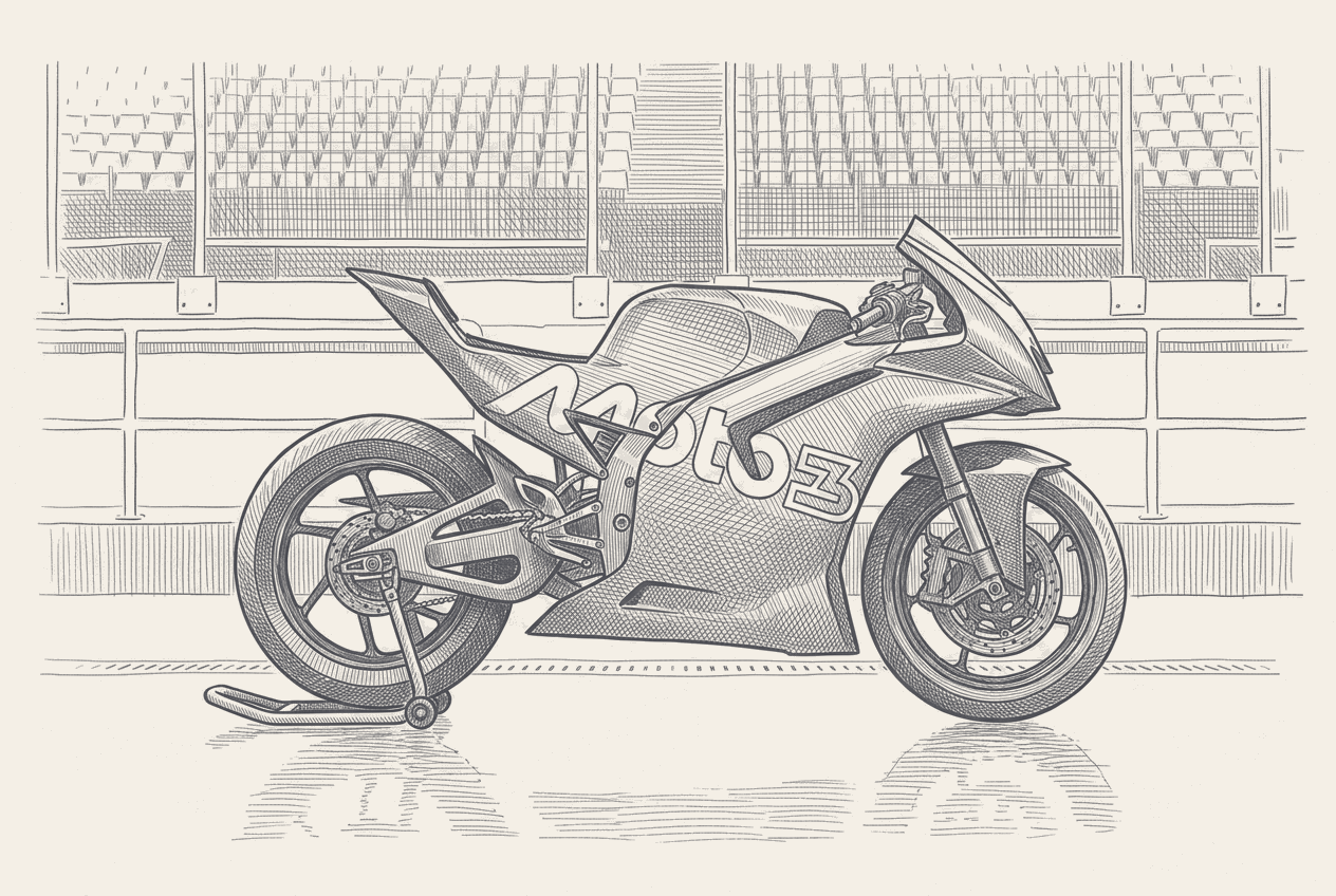Two-tone hatched-ink illustration of a Moto3 racing motorcycle leaned into a corner, liveries, numbers and sponsor logos stripped.