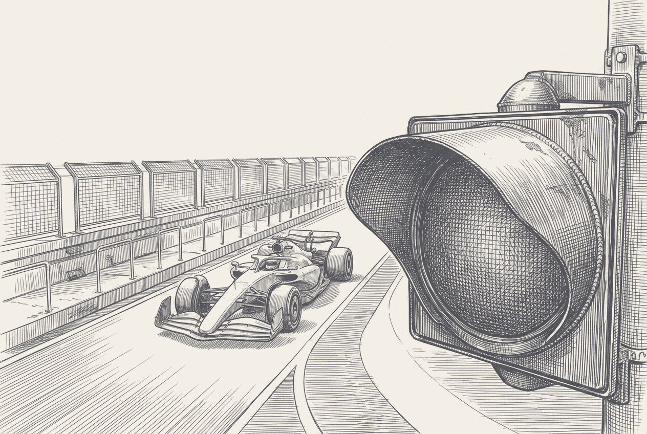 A two-tone hatched illustration of a pit-lane exit signal seen close and low with its hooded lamp dark, a single unmarked single-seater rolling down the exit road beyond it towards the track.