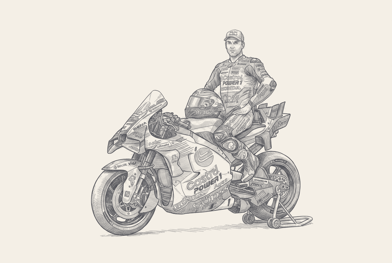 Two-tone hatched-ink illustration traced from a photograph of Johann Zarco with the LCR Honda, liveries and logos stripped.