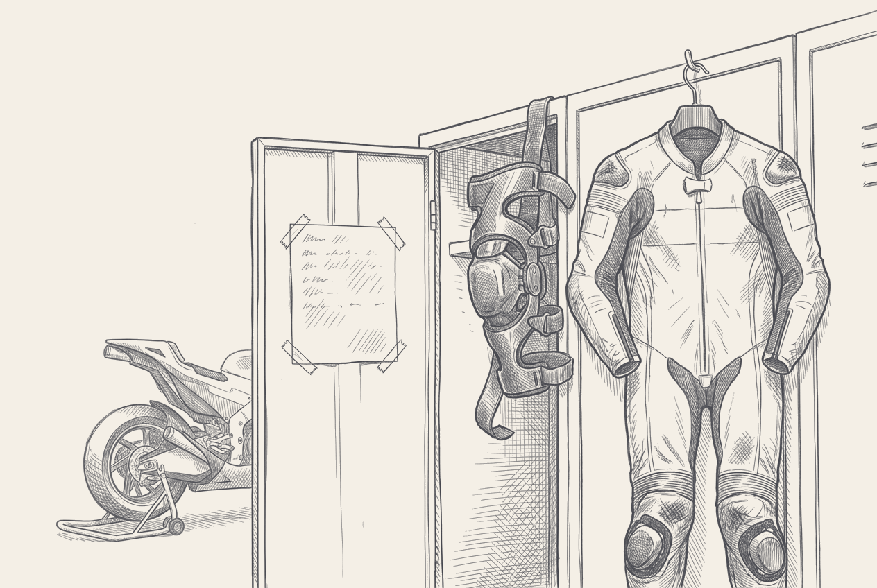Two-tone hatched-ink illustration of a MotoGP garage corner where a set of racing leathers hangs from a hook beside a worn hinged knee brace, an open locker door carrying a single sheet of paper taped flat inside it, and a machine on paddock stands behind.