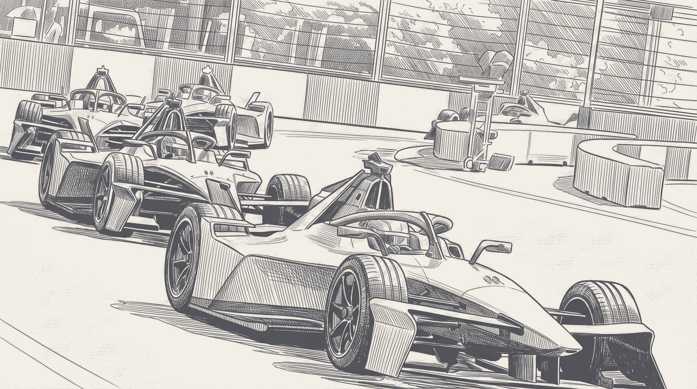 Two-tone hatched technical illustration of a Formula E Gen3 Evo car leading through Sanya's tight Turn 9 hairpin under a red-flag board, three stricken cars sketched in the run-off behind, a championship points ladder ruled along the lower frame with the top four bars all stopped at zero for the round.